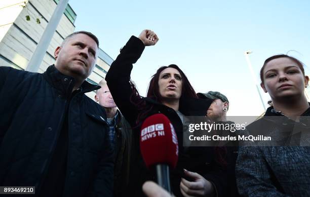 Britain First leader Paul Golding and deputy leader Jayda Fransen talk to the media outside Belfast Laganside Courts after Fransen was released on...