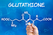 Hand with pen drawing the chemical formula of Glutathione