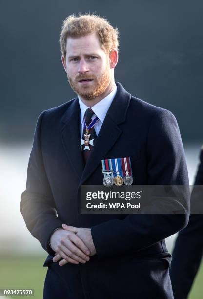 Prince Harry attends The Sovereign's Parade at Royal Military Academy Sandhurst on December 15, 2017 in Camberley, England.