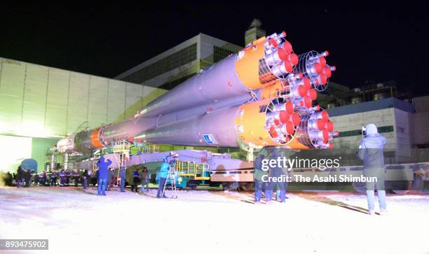 The Soyuz rocket carrying the Expedition 54 members is transported to the launch pad at the Baikonur Cosmodrome on December 15, 2017 in Baikonur,...