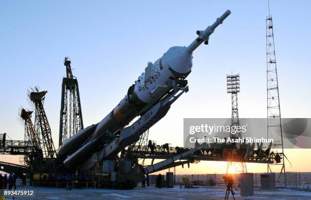 The Soyuz rocket carrying the Expedition 54 members is transported to the launch pad at the Baikonur Cosmodrome on December 15, 2017 in Baikonur,...