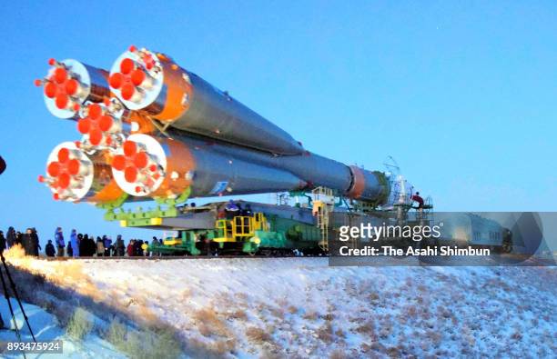 The Soyuz rocket carrying the Expedition 54 members is transported to the launch pad at the Baikonur Cosmodrome on December 15, 2017 in Baikonur,...