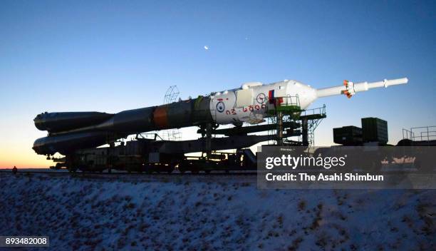 The Soyuz rocket carrying the Expedition 54 members is transported to the launch pad at the Baikonur Cosmodrome on December 15, 2017 in Baikonur,...