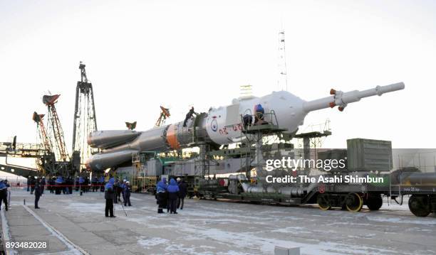 The Soyuz rocket carrying the Expedition 54 members is transported to the launch pad at the Baikonur Cosmodrome on December 15, 2017 in Baikonur,...