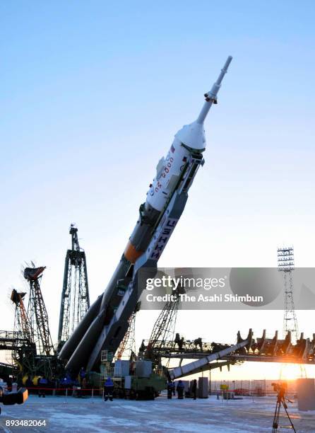 The Soyuz rocket carrying the Expedition 54 members is transported to the launch pad at the Baikonur Cosmodrome on December 15, 2017 in Baikonur,...