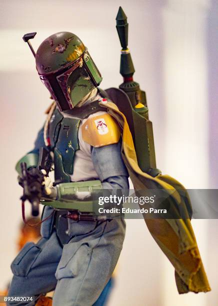 Boba Fett figure is exhibited at the 'Star Wars Exhibition' at Telefonica flagship store on December 15, 2017 in Madrid, Spain.