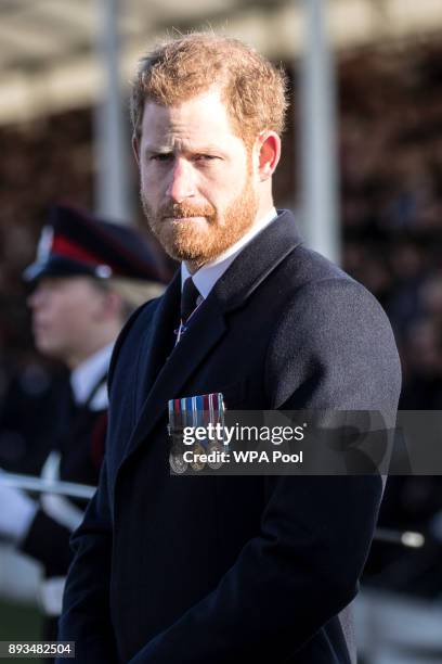 Prince Harry attends The Sovereign's Parade at Royal Military Academy Sandhurst on December 15, 2017 in Camberley, England.