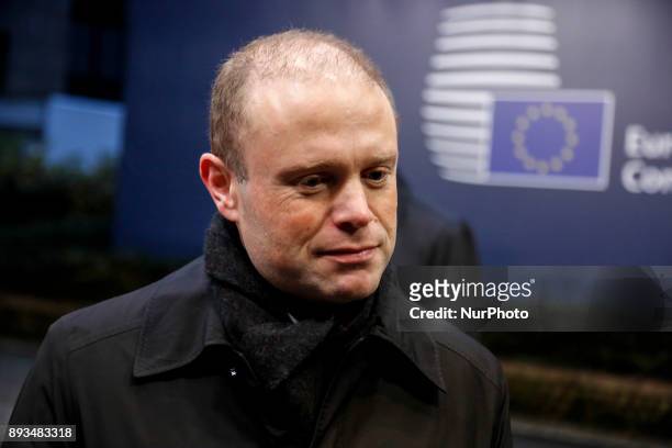 Joseph Muscat, Prime Minister of Malta is arriving to the Europa building in Brussels, Belgium for Euro Zone leaders summit on December 15, 2017.
