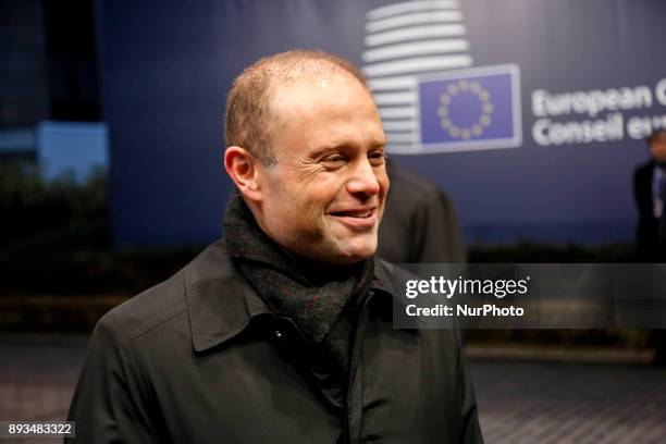 Joseph Muscat, Prime Minister of Malta is arriving to the Europa building in Brussels, Belgium for Euro Zone leaders summit on December 15, 2017.