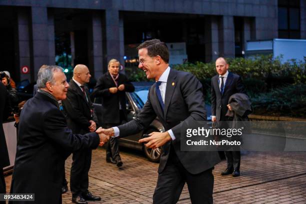 Mark Rutte, Prime Minister of Netherlands is arriving to the Europa building in Brussels, Belgium for Euro Zone leaders summit on December 15, 2017.