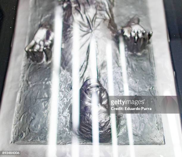 Han Solo frozen in carbonite figure is exhibited at the 'Star Wars Exhibition' at Telefonica flagship store on December 15, 2017 in Madrid, Spain.