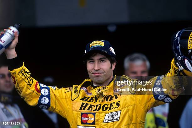 Heinz-Harald Frentzen, Jordan-Mugen-Honda 199, Grand Prix of Europe, Nurburgring, 26 September 1999. Heinz-Harald Frentzen celebrating his pole...