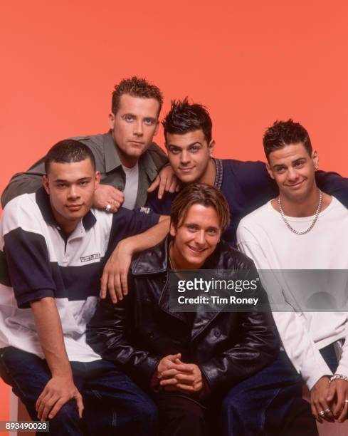 British boy band Five, group portrait, United Kingdom, circa 1998. Line up includes J Brown, Abz Love, Ritchie Neville, Scott Robinson and Sean...