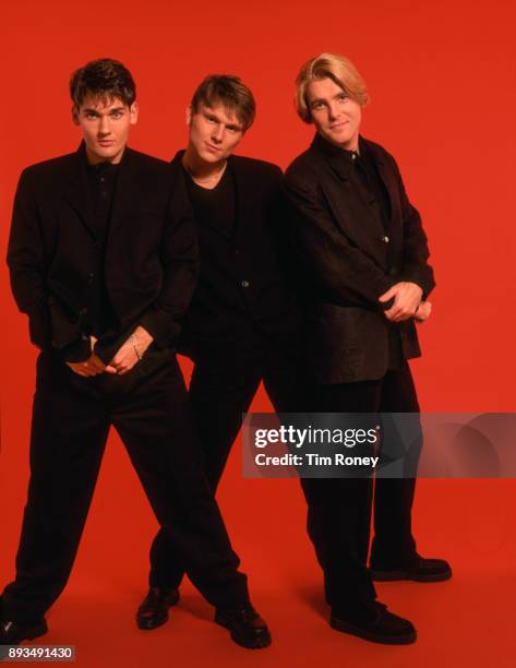 English boy band Let Loose, studio portrait, United Kingdom, 1995. L-R Lee Murray, Richie Wermerling, Rob Jeffrey.