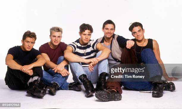 English boy band Take That, portrait, United Kingdom, 1992. Mark Owen, Gary Barlow, Jason Orange, Howard Donald, Robbie Williams.