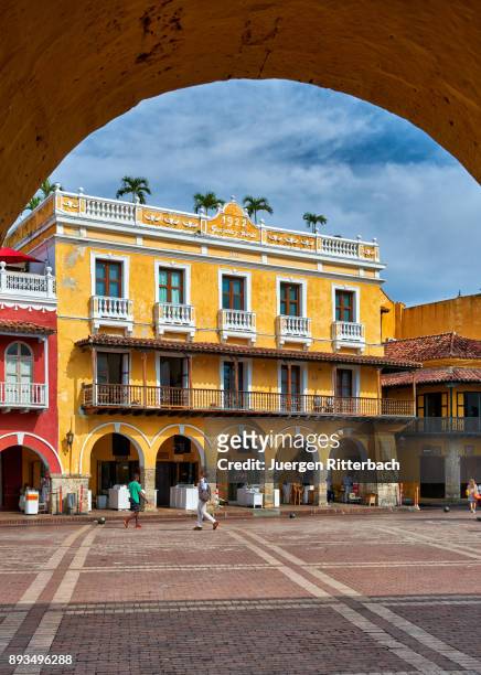 typical colorful facades at plaza de los coches - plaza de los coches stock pictures, royalty-free photos & images