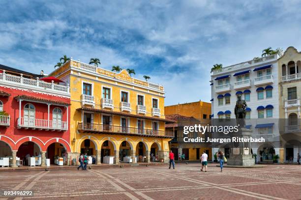 typical colorful facades at plaza de los coches - plaza de los coches stock pictures, royalty-free photos & images