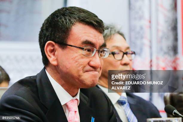 Japanese Foreign Minister Taro Kono attends a meeting with US Secretary of State Rex Tillerson before the UN Security Council Ministerial Briefing on...