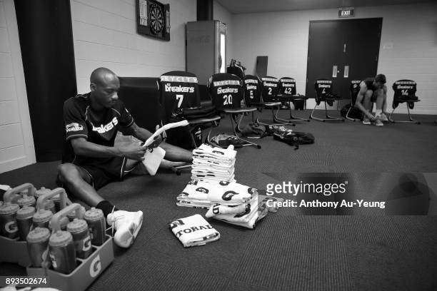 Team Manager Justin Bailey of the Breakers prepares for the team in the dressing room prior to the round 10 NBL match between the New Zealand...