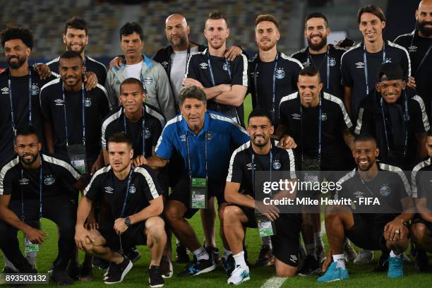 The Gremio squad poses for a group photo ahead of the FIFA Club World Cup UAE 2017 Final between Real Madrid and Gremio FBPA, at the Zayed Sports...