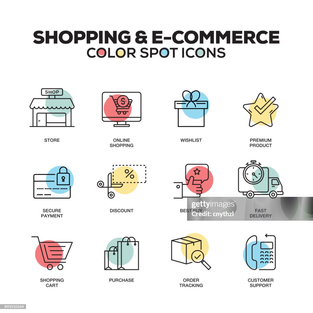 Pictogrammen van winkels en E-Commerce. Vector lijn pictogrammen instellen. Premiumkwaliteit. Moderne overzichtsknoppen en pictogrammen.