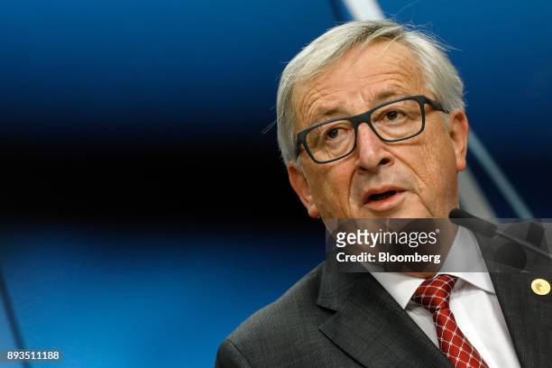 Jean-Claude Juncker, president of the European Commission, speaks during a news conference at a summit of 27 European Union leaders in Brussels,...