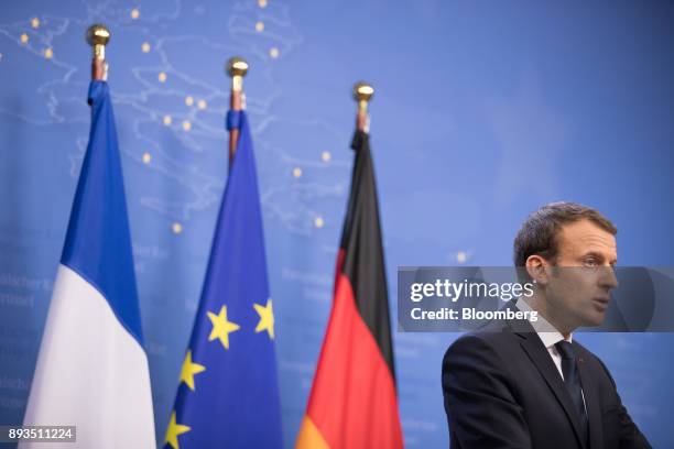 Emmanuel Macron, France's president, speaks during a news conference at a summit of 27 European Union leaders in Brussels, Belgium, on Friday, Dec....