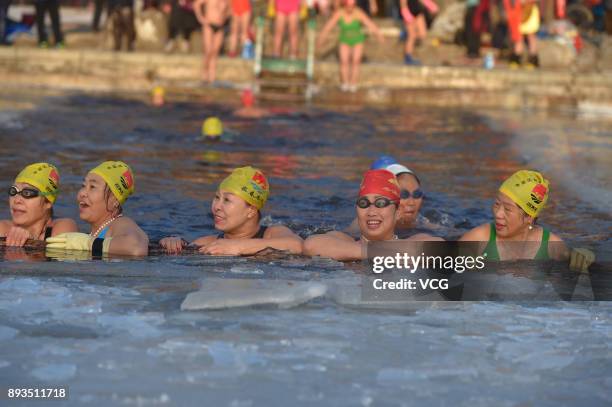 Winter swimming enthusiasts swim in the cold waters of Beiling Park on December 15, 2017 in Shengyang, Liaoning Province of China.