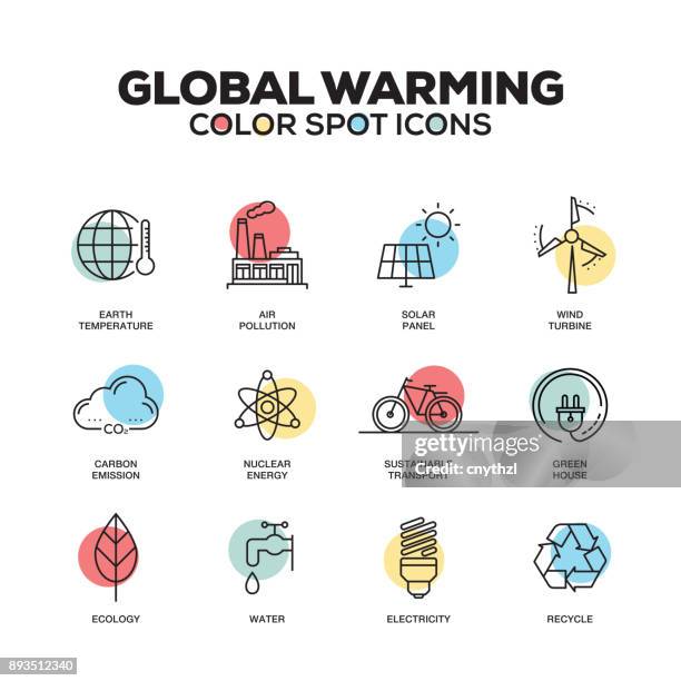 illustrazioni stock, clip art, cartoni animati e icone di tendenza di icone del riscaldamento globale. set di icone di linea vettoriale. qualità premium. simboli e pittogrammi moderni. - smog