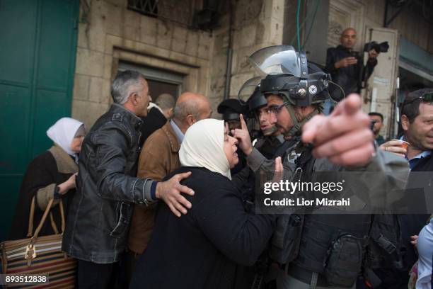 Palestinians argue with Israeli police at the Old City after Friday pray at the Old City on December 15, 2017 in Jerusalem, Israel. Hundreds of...