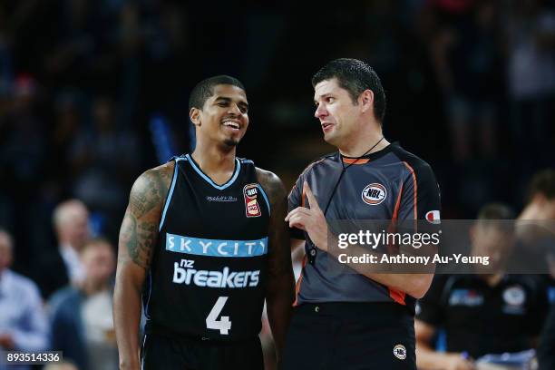 Referee Scott Beker shares his view with Edgar Sosa of the Breakers during the round 10 NBL match between the New Zealand Breakers and the Adelaide...