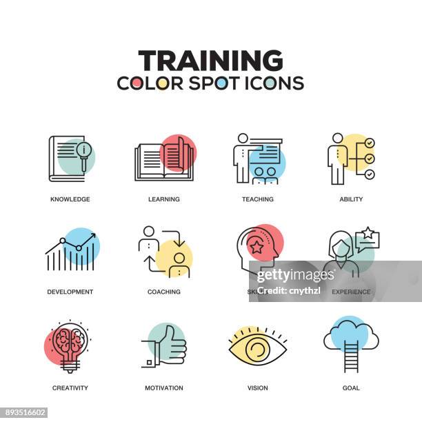 ilustraciones, imágenes clip art, dibujos animados e iconos de stock de iconos de entrenamiento. conjunto de iconos de vector línea. calidad premium. símbolos de esquema moderno y pictogramas. - showing