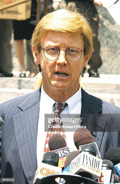 Actress Jennifer Aniston's attorney Jay Lavely speaks to reporters outside of the Los Angeles Superior Court on July 2, 2002 in Los Angeles,...