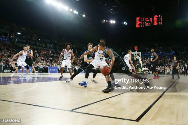 Edgar Sosa of the Breakers on the drive during the round 10 NBL match between the New Zealand Breakers and the Adelaide 36ers at Spark Arena on...