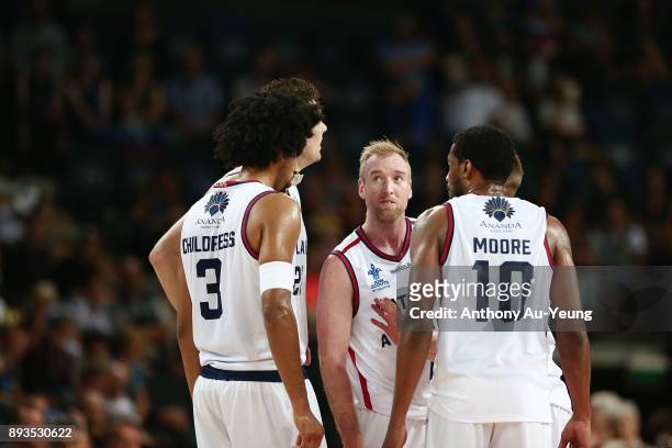 Brendan Trey of the 36ers gathers around with the team for a quick chat during the round 10 NBL match between the New Zealand Breakers and the...