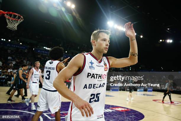 Nathan Sobey of the 36ers celebrates with the team after winning the round 10 NBL match between the New Zealand Breakers and the Adelaide 36ers at...