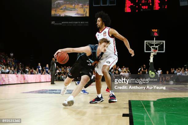 Finn Delany of the Breakers drives against Josh Childress of the 36ers during the round 10 NBL match between the New Zealand Breakers and the...