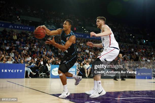 Mika Vukona of the Breakers looks to safe the ball in play during the round 10 NBL match between the New Zealand Breakers and the Adelaide 36ers at...