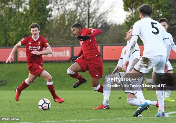 Rhian Brewster of Liverpool and Joe Rodon of Swansea City in action during the Liverpool U23 v Swansea City U23 PL2 game at The Kirkby Academy on...