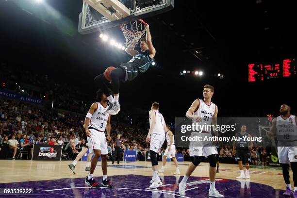 Tom Abercrombie of the Breakers with a dunk during the round 10 NBL match between the New Zealand Breakers and the Adelaide 36ers at Spark Arena on...