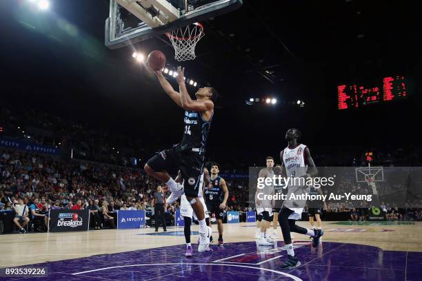 Mika Vukona of the Breakers goes to the basket during the round 10 NBL match between the New Zealand Breakers and the Adelaide 36ers at Spark Arena...