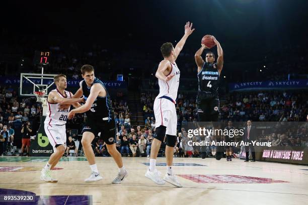 Edgar Sosa of the Breakers takes a three pointer during the round 10 NBL match between the New Zealand Breakers and the Adelaide 36ers at Spark Arena...