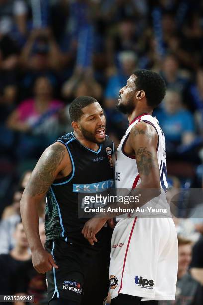Devonte DJ Newbill of the Breakers celebrates infront of Ramone Moore of the 36ers after scoring right on halftime during the round 10 NBL match...
