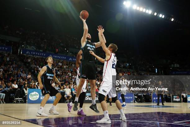 Alex Pledger of the Breakers puts up a shot during the round 10 NBL match between the New Zealand Breakers and the Adelaide 36ers at Spark Arena on...