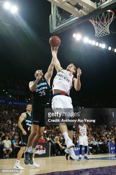 Anthony Drmic of the 36ers competes for the rebound against Alex Pledger of the Breakers during the round 10 NBL match between the New Zealand...