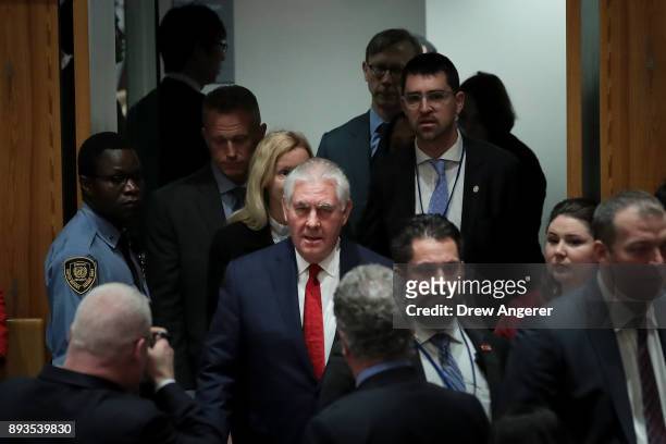Secretary of State Rex Tillerson arrives for a United Nations Security Council meeting concerning North Korea's nuclear ambitions, December 15, 2017...