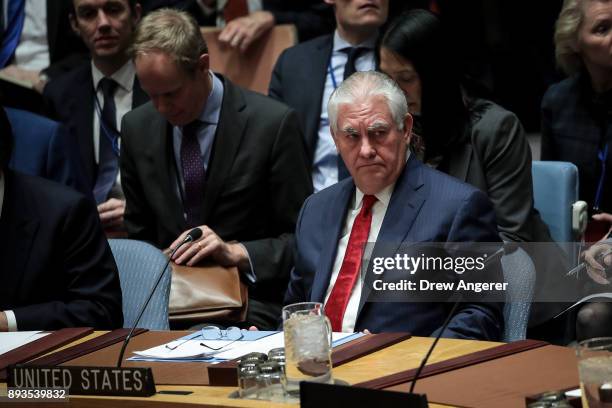 Secretary of State Rex Tillerson looks on during a United Nations Security Council meeting concerning North Korea's nuclear ambitions, December 15,...