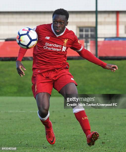Bobby Adekanye of Liverpool in action during the Liverpool U23 v Swansea City U23 PL2 game at The Kirkby Academy on December 15, 2017 in Kirkby,...