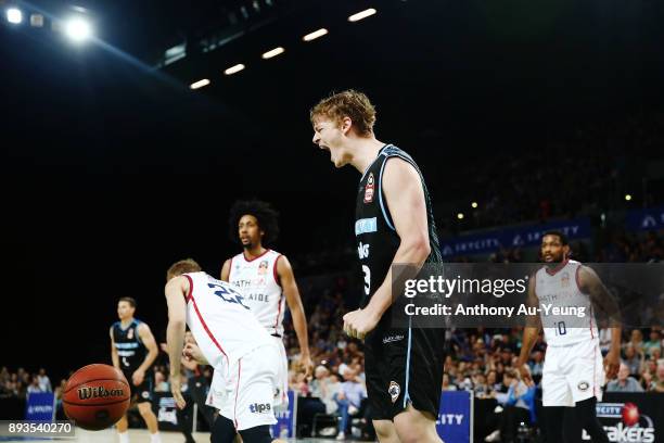 Finn Delany of the Breakers reacts during the round 10 NBL match between the New Zealand Breakers and the Adelaide 36ers at Spark Arena on December...