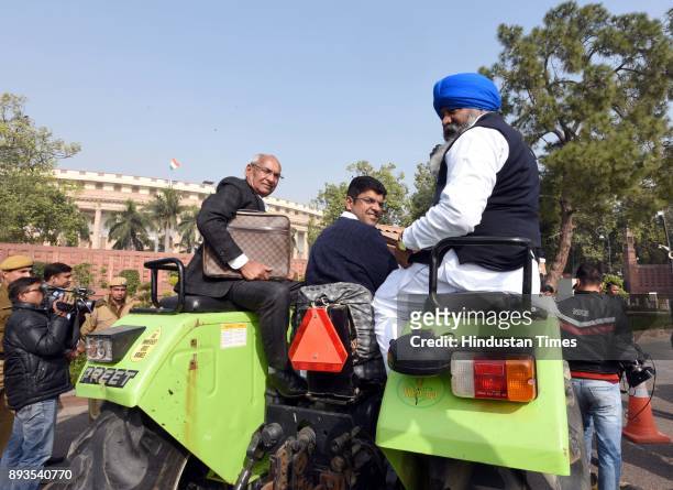 Member of Parliament, from the Hisar Lok Sabha Constituency representing Indian National Lok Dal Dushyant Chautala with other Party Leaders is seen...